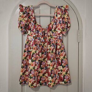 Glisten Handmade Floral Puff Sleeve Fit & Flare Empire Waist Mini Dress Sz XS/ S